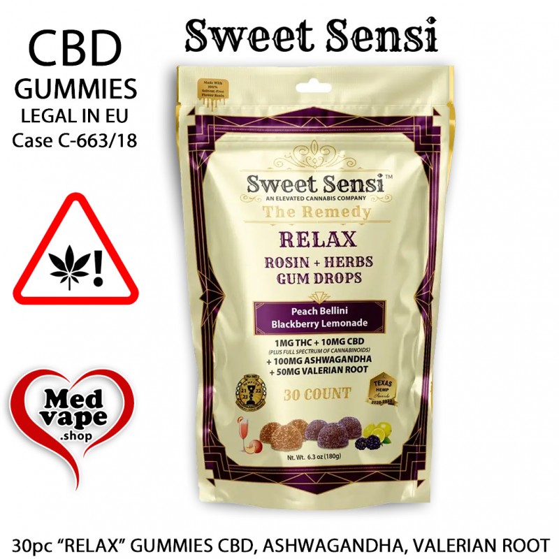 THC GUMMIES LEGAL CANNABIS WEED THC HASH "RELAX" GUMMIES 10mg CBD + 1mg. FULL SPECTRUM 30PC - SWEET SENSI MEDVAPE